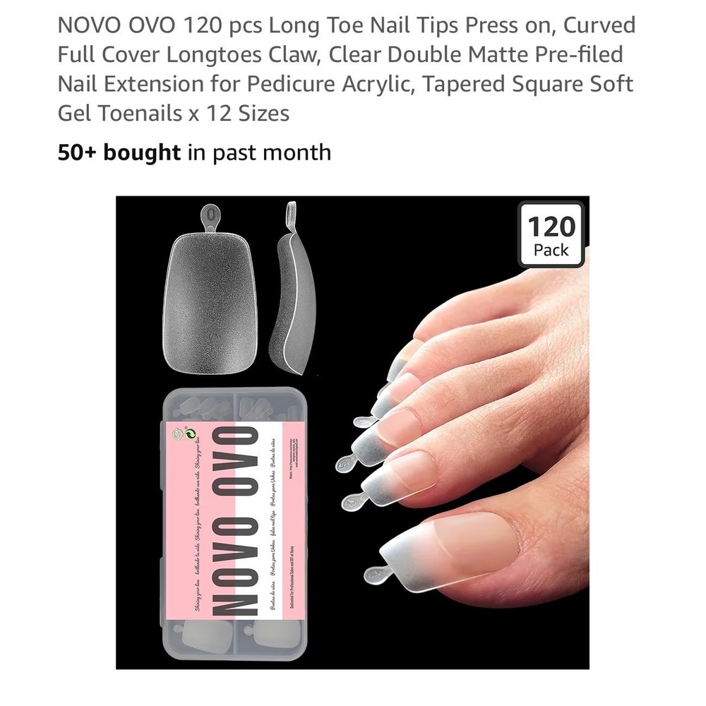NOVO OVO Long Toe Nail Tips Women 120pc Clear NEW Curved Matte Tapered Square
